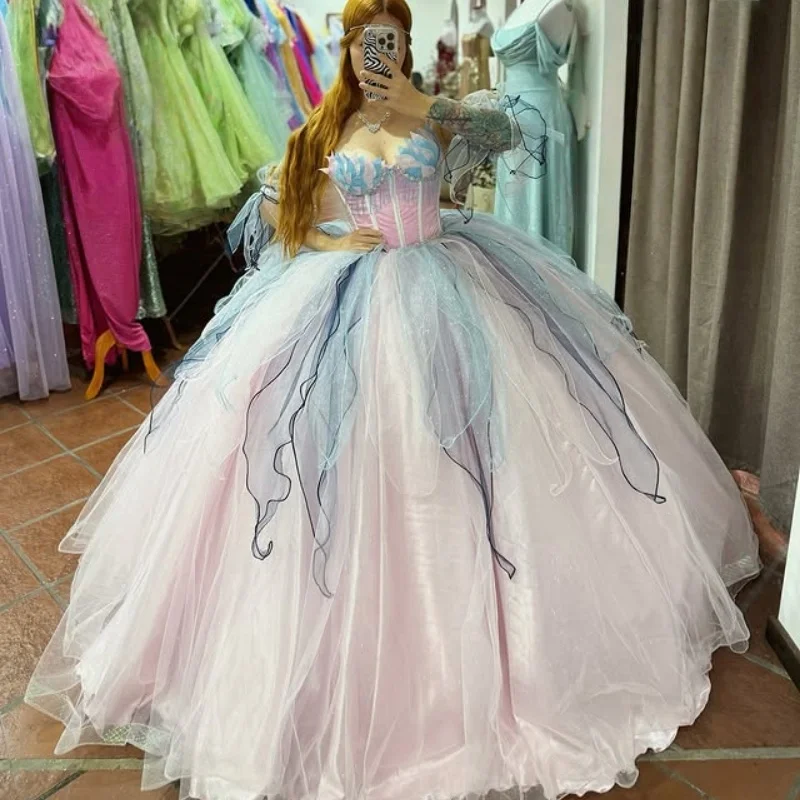 

Customized fairy tales Pink Quinceanera Dresses Off the Shoulder applique Long tail Vestido 15 Quinceanera