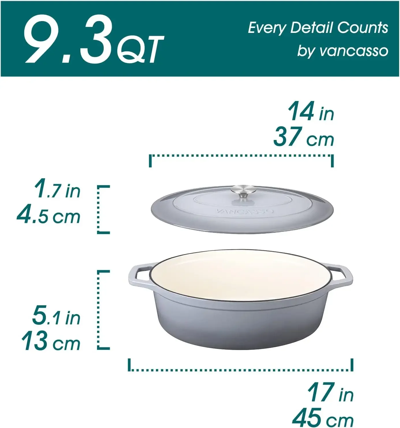 Casserole naren fonte émaillée, four néerlandais de 9.3 litres avec couvercle, pot en fonte