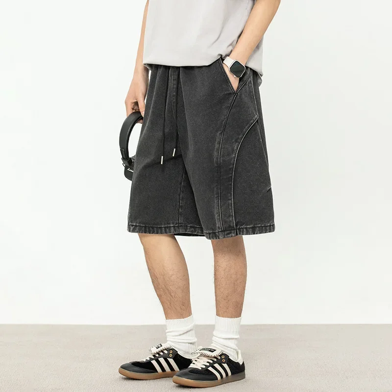 

Men Denim Shorts Shorts Washed Distressed Knee Length Straight Jeans Pockets Spliced Patchwork Solid Loose Male Summer Casual