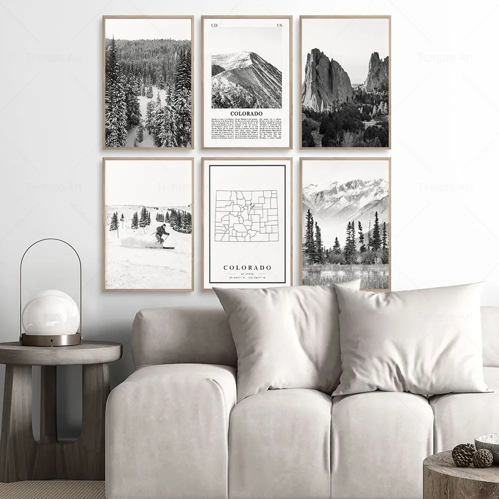 

Modern Colorado CO Map City Wall Art Forest Landscape Ski Posters and Prints Black And White Pictures for Living Room Home Decor