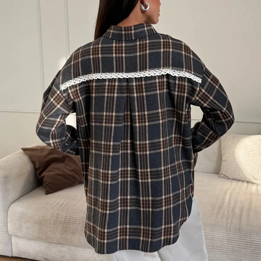 Plaid Shirt for Women Button Down Long Sleeve Spring Autumn Casual Shirt Blouse Lapel Outerwear Loose Fit Button Up Cardigan view 6