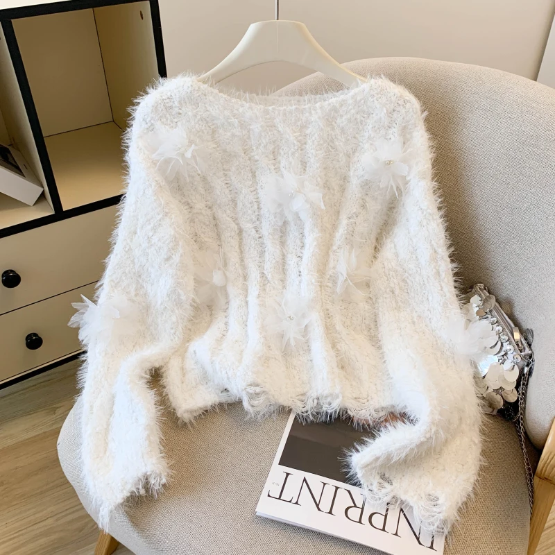 

Autumn Winter Ele Beautiful 3D Flower Sweater Women's Sweet Pink Faux Mink Soft Cozy Knitted irt Base Layer Top