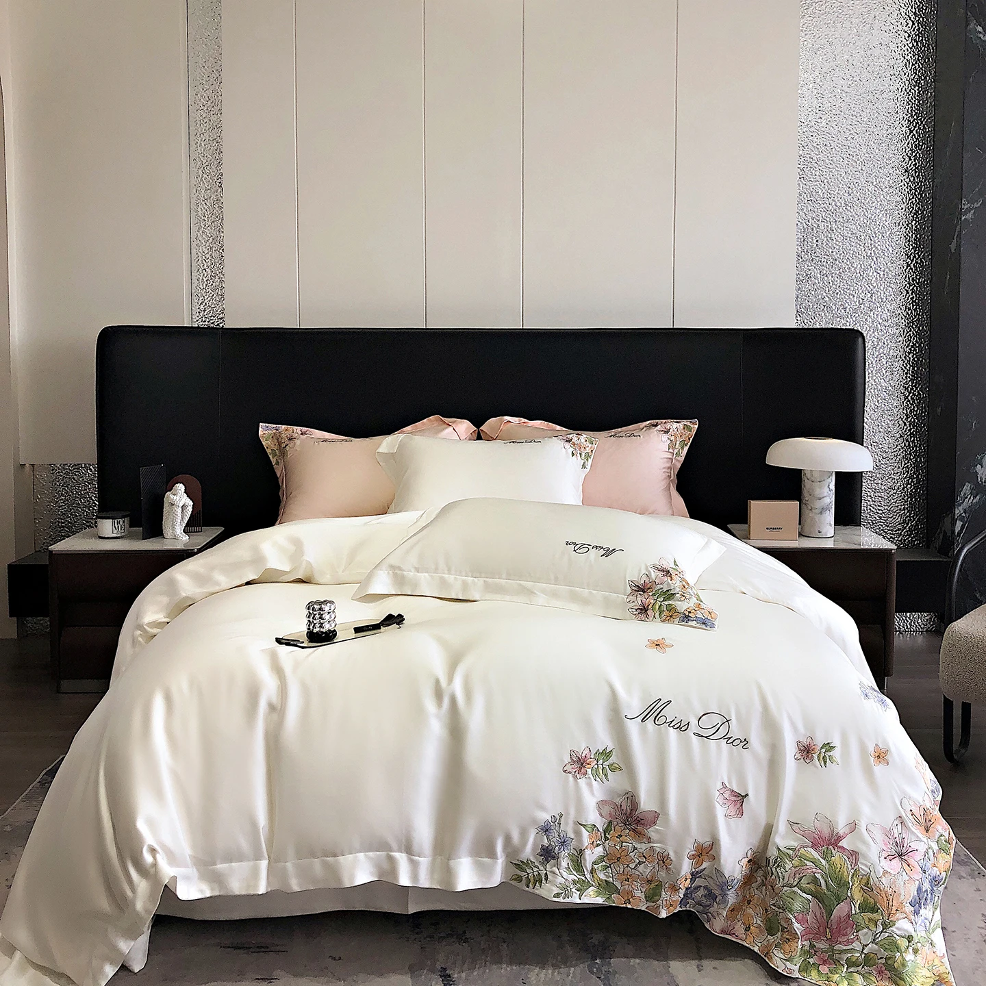 Luxury 100% Lyocell Bedding Set Floral Butterfly Embroidered Silky Cooling Duvet Cover Flat/Fitted Bed Sheet Pillowcases 4Pcs