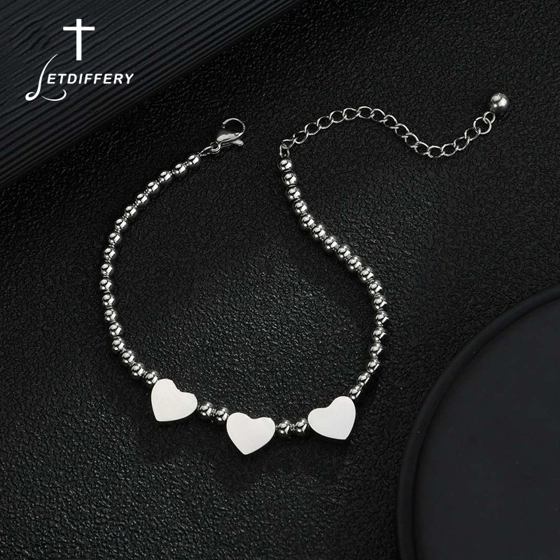 Letdiffery Stainless Steel 3 Tiny Hearts Beads Bracelets Stainless Steel Never Fade Silver Color Women Jewelry For Girl Wife