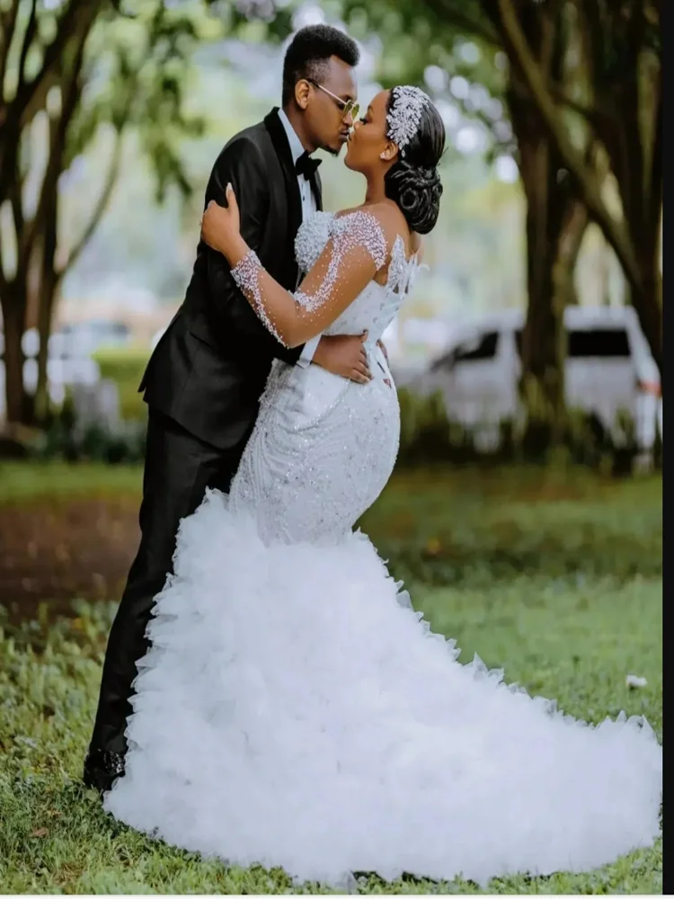 

Свадебное платье русалки с блестками и блестками в африканском стиле, Vestidos De Novia, многослойное свадебное платье из тюля с длинными рукавами по индивидуальному заказу