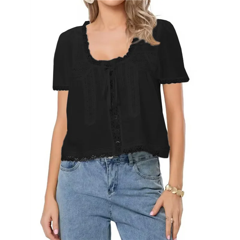 

ABP-Women Tie Front Lace Trim Top Sheer Short Sleeve Scoop Neck Button Shirt Y2k Ruffle Flowy Boho Crop Tops