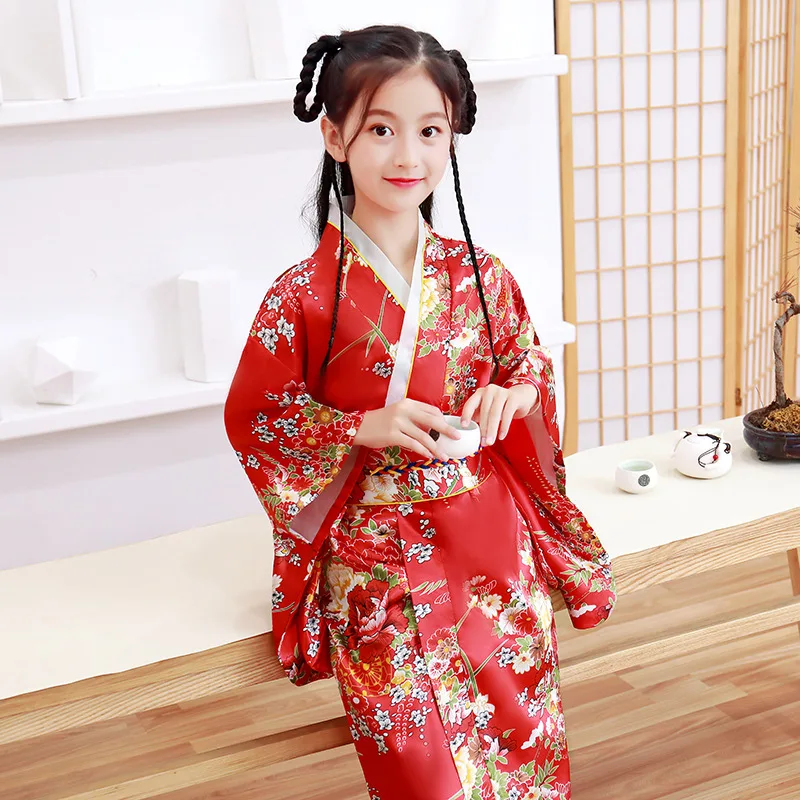 Quimono de cetim japonês com Obi para crianças, roupas asiáticas tradicionais, vestido Yukata impresso para meninas, fantasia de luxo, vestido