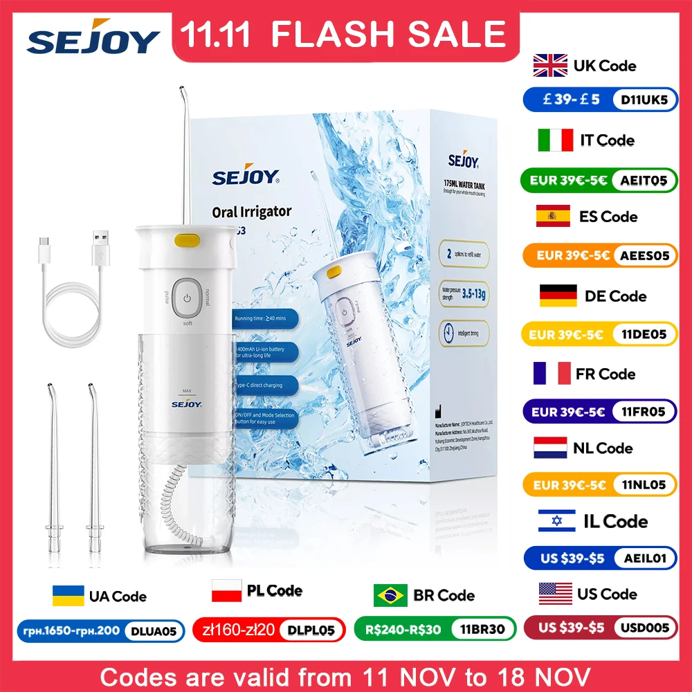 Sejoy  Mini Portable Water Flosser Cordless Teeth Cleaner Oral Irrigator Travel Personal Care Appliances