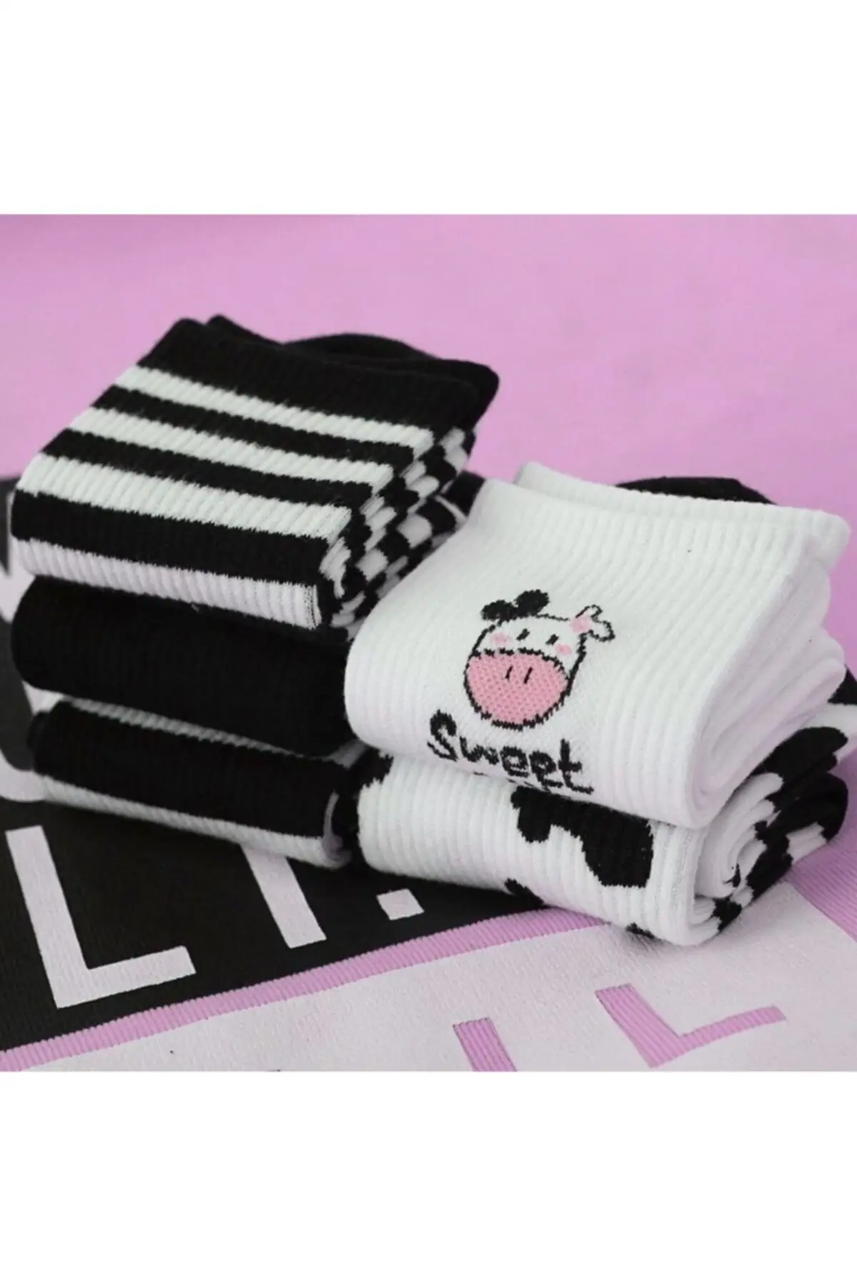 Women's 5 Pairs of Black and White Stripes,   Cow Pattern, Fun Tennis Socks Daily Use, Giftable, Free Shipping