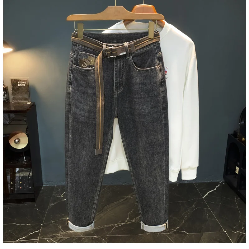 High end quality men's jeans trend 2025 new autumn micro harem small foot embroidered elastic casual pants men