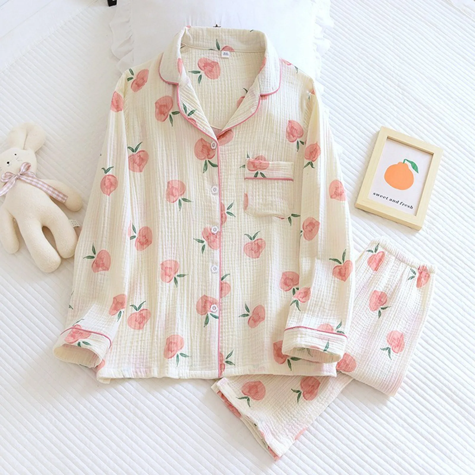 Women Spring Autumn And Summer Thin Pajamas Cute Pink Peach Print Cardigan Wear Set Fleece Pajamas Women Set