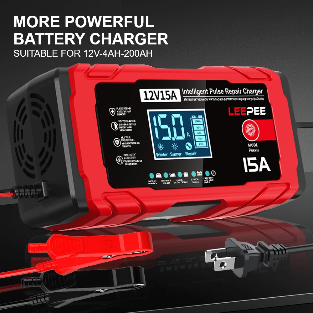 

Автомобильный аккумулятор для мотоцикла, зарядка, обслуживание, интеллектуальный импульсный ремонт, 12 В, 15 А, 12 А, многофункциональное свинцово-кислотное умное зарядное устройство
