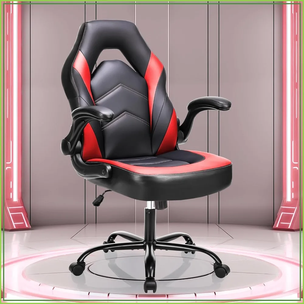 Ergonomic Gaming Chair with Lumbar Support, PU Leather, Flip-up Armrests, Adjustable Height, 360° Swivel, Black/Red