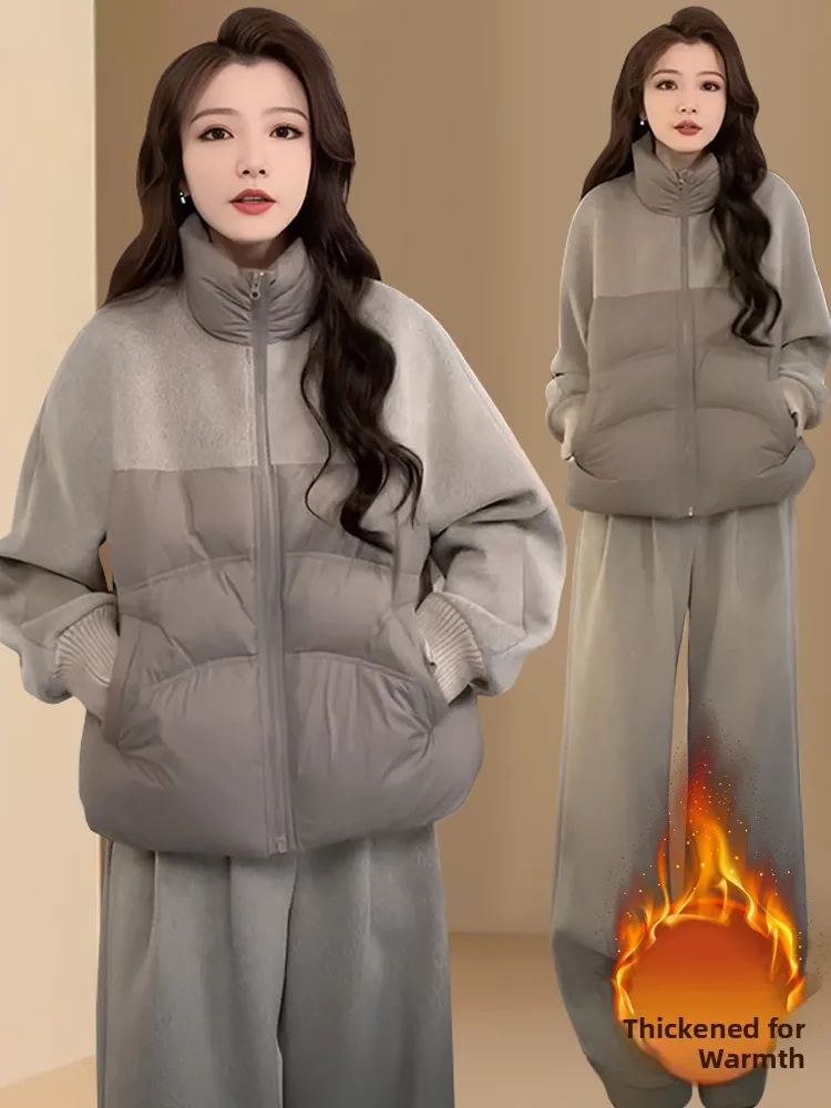 

Thickened Cotton Casual Sportswear Set for Women Winter Fashion Warm Hoodie Jacket And Long Pants Two-Piece Suit