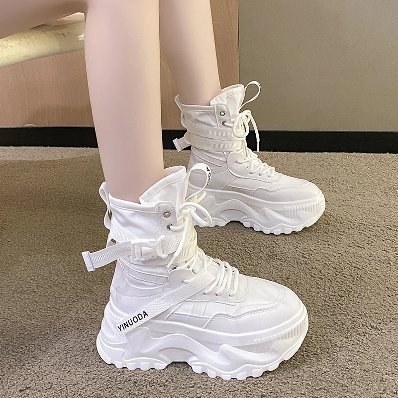 Spring Women Thick Sole Ankle Boots Autumn Luxury Platform Casual Boots Women\'s 8cm High Heels Wedge Boots Shoes Woman Sneakers