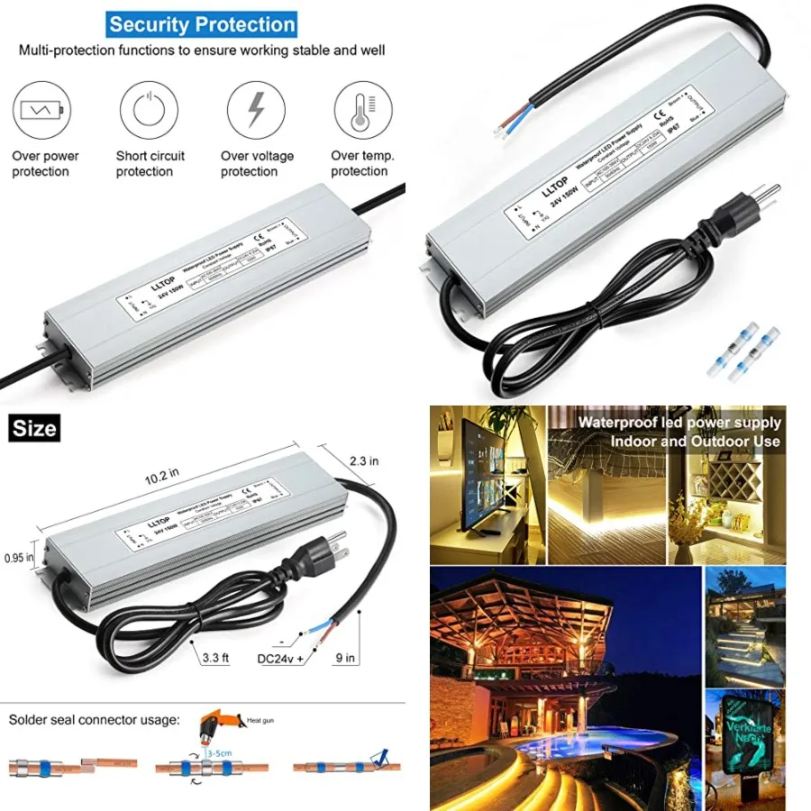 LED Driver 150 Watts 100-264V AC to 24V DC 6.25A Power Supply Waterproof Low Voltage Transformer Ultra Thin Converter for Indoo
