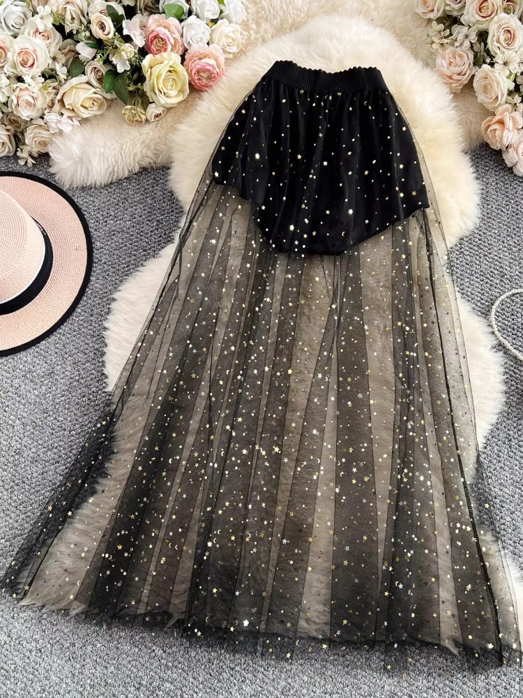 

Women's Skirts Summer Chic Starry Glitter Black Mesh Skirt High Waist Slim Drape Elegant Flowy Casual Temperament Long Dresses