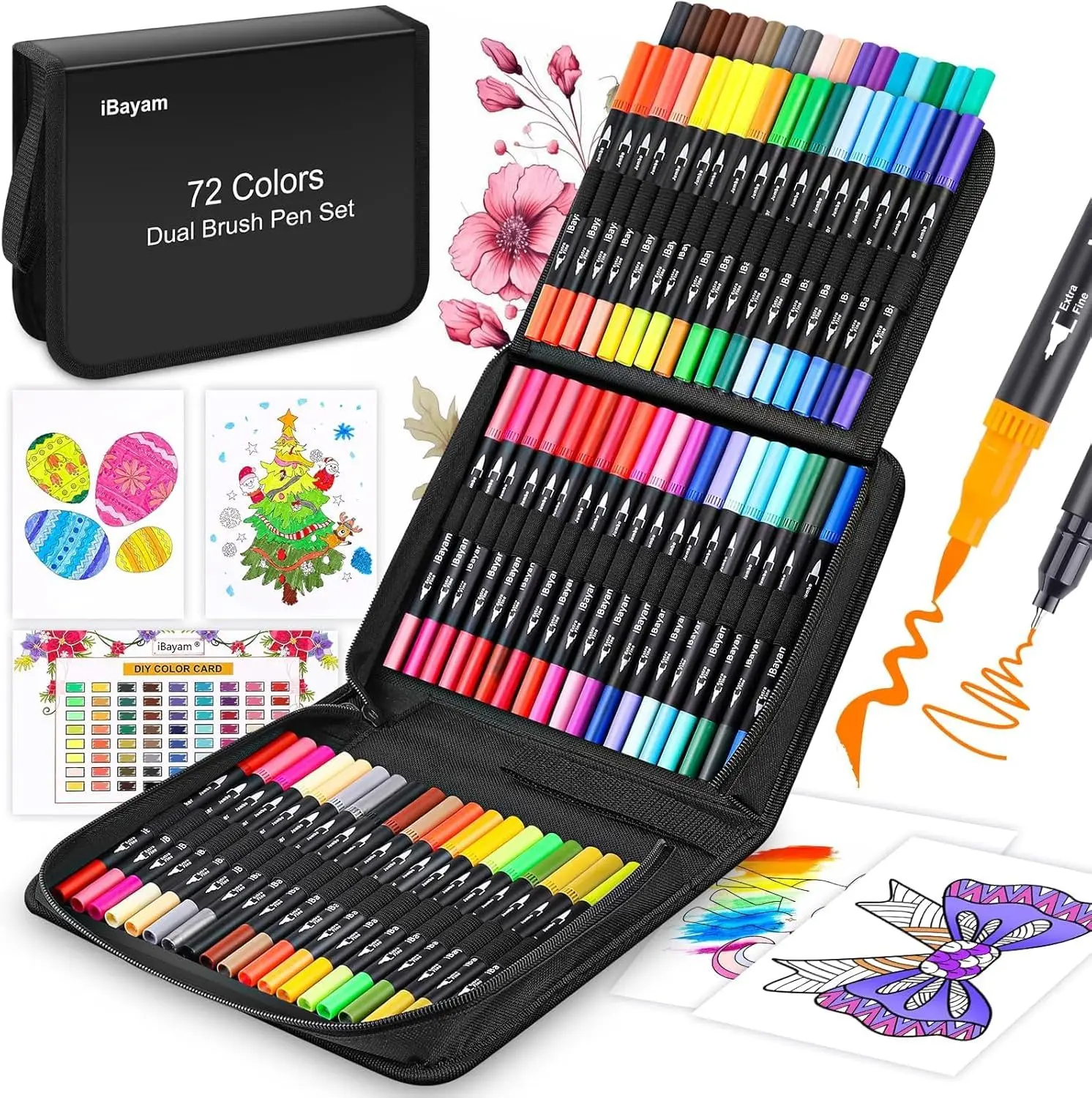 

72 Dual Tip Brush Pens Set for Adult Coloring, Calligraphy, Sketching with Gift Case and Art Supplies