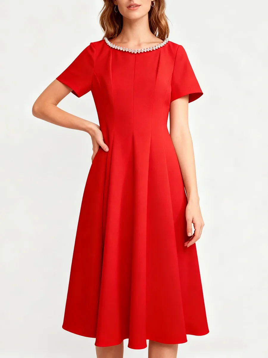TWOTWINSTYLE Solid Slimming Spliced Bead Elegant Dresses for Women Round Eck Short Sleeves High Waist Basics Dress Female New
