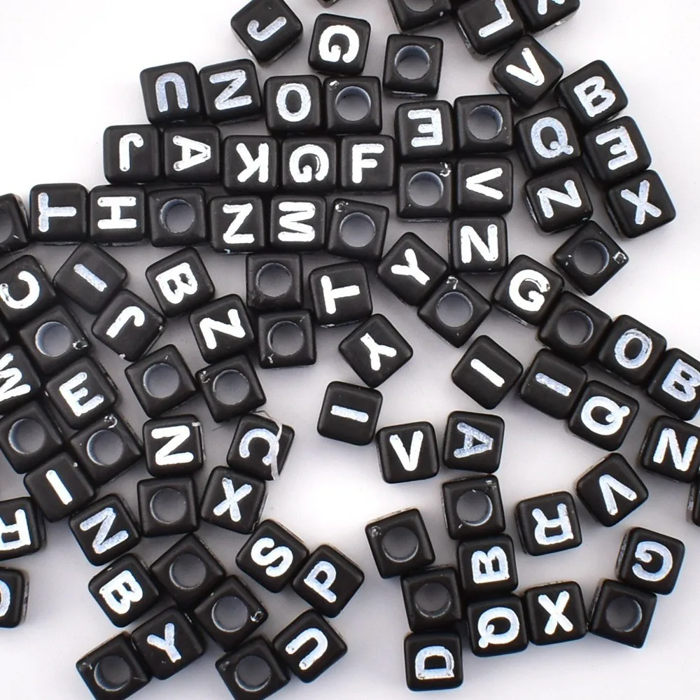 50pcs/lot 6*6*3mm DIY Handmade beading Acrylic beads Square black background white letter beads for jewelry making