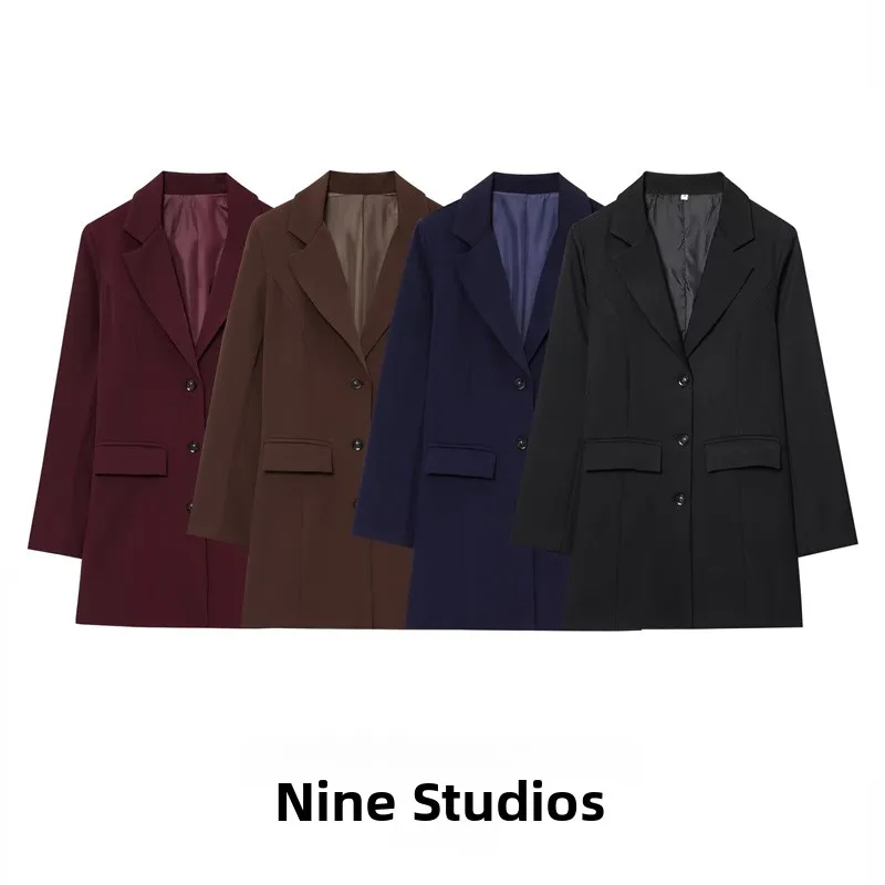

Nine Za Women's Pure Color Retro Loose Long Version Suit Jaet Casual Sle Long Sve Busin Lapel Single Button Coat