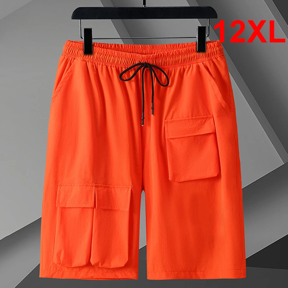 Calça curta casual laranja de carga masculina, fundo grande, cor sólida, tamanhos grandes, 12XL, 11XL, moda, verão