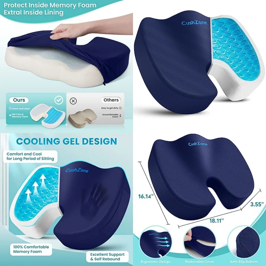 

Office Chair Seat Cushion, Cooling Gel Enhanced Memory Foam Cushion for Long Sitting - Back, Sciatica, Coccyx, Tailbone Pain Re