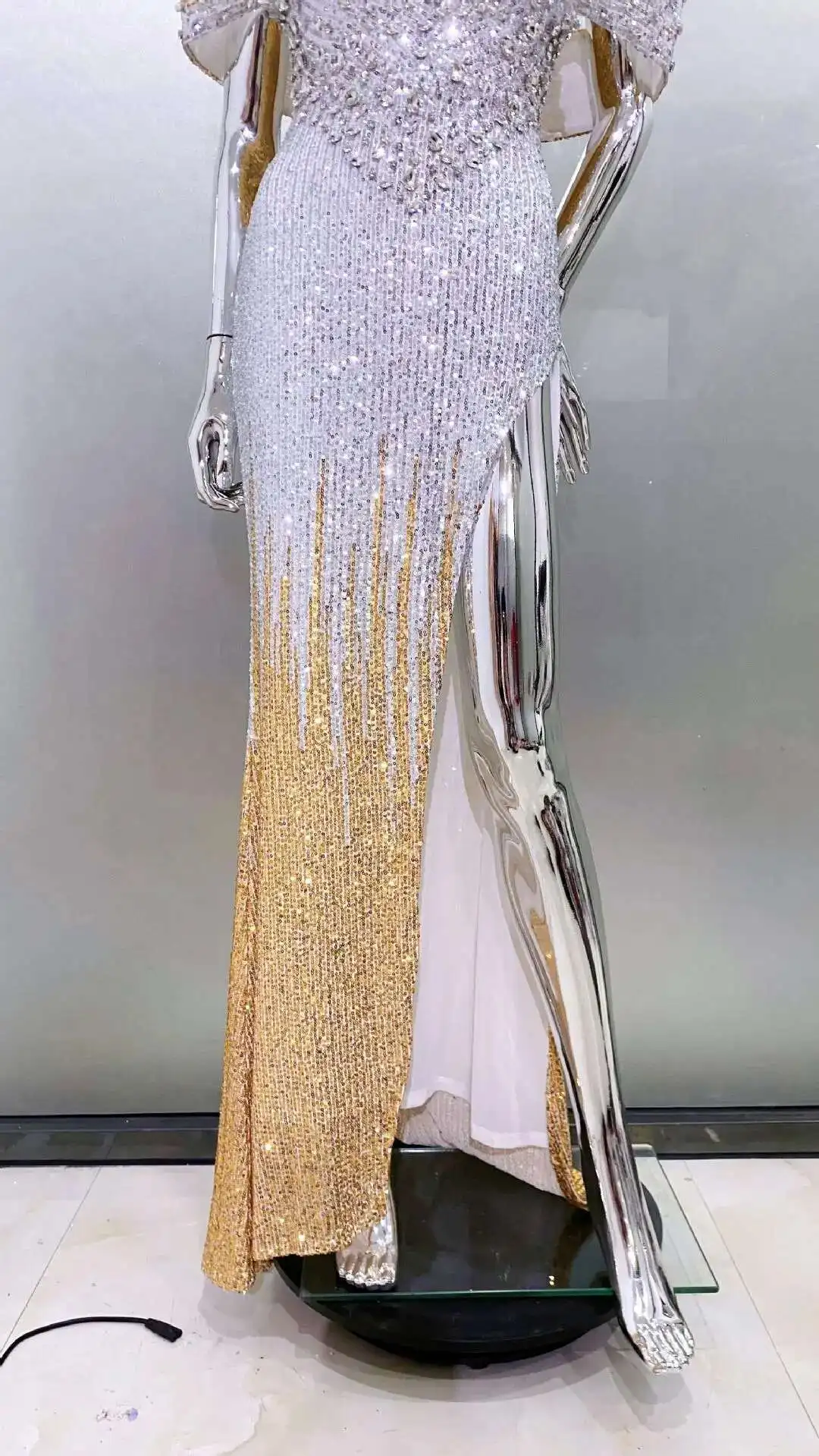 LEOSOXS 2025 Summer Details Sequins Long Maxi Dress Short Sleeves Cut Out Hollow High Slit Bodycon Cocktail Party Evening Gowns