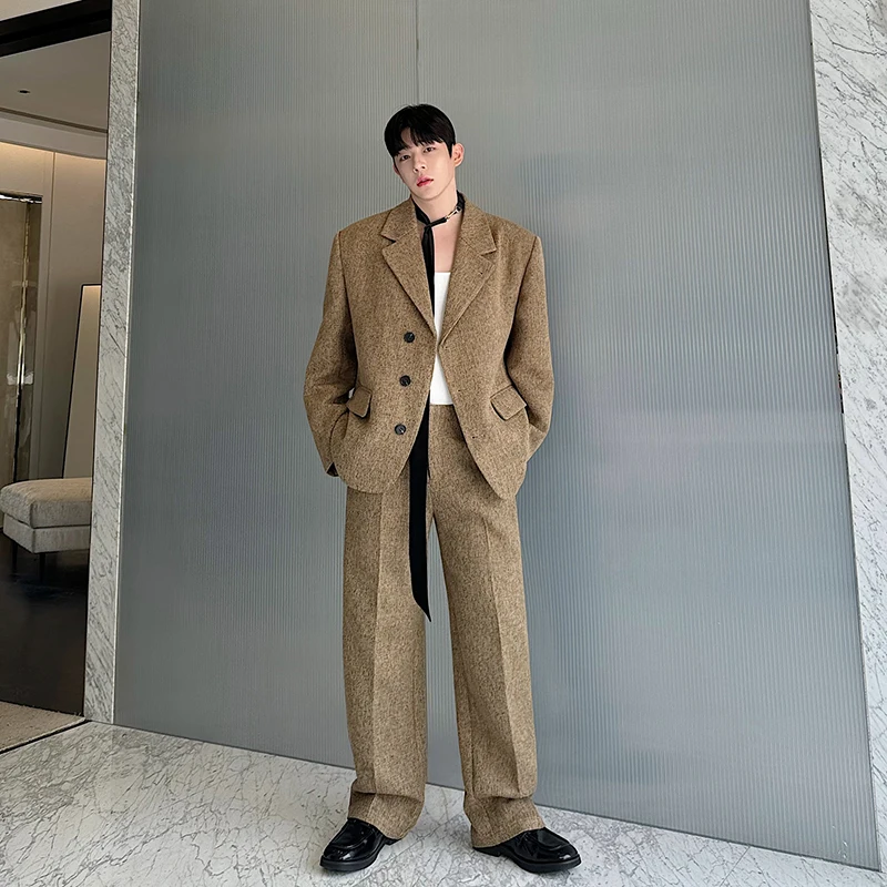 

Autumn Winter Briti Retro Gentleman Heavyweight Woolen Casual Men's Suiting Pants Set Quali Faionable Long Sve irt