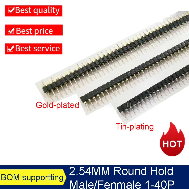 10pcs/lot 2.54mm Pitch Round Hole Pin Header Male Female Single Double Row 1*2/3/4 - 40P 2X 40Pin Gold-plated Round Pin Header