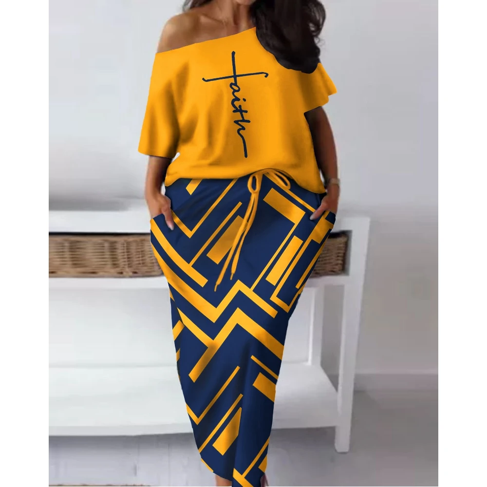 

Casual Short Seeve Skew Neck T shirt & Contrast Ombre Floral Print Maxi Skirt Sets for Women 2 Pieces Loose Skirts Set Outfits