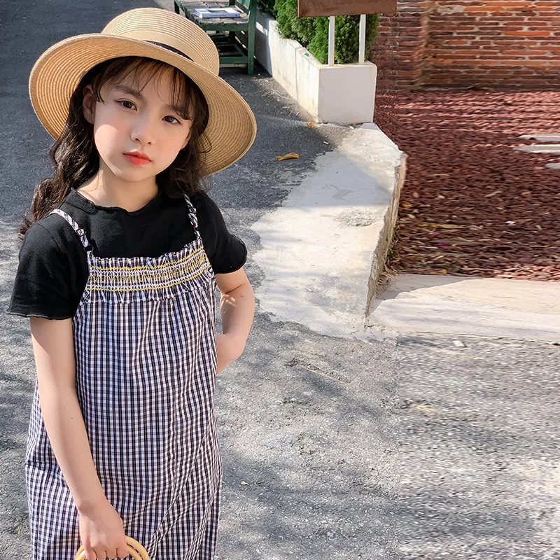 2024 Summer Korean Children Girl 2PCS Clothes Set School Girl Edge Curl T-shirt+Plaid Suspender Pants Students Clothes Sets