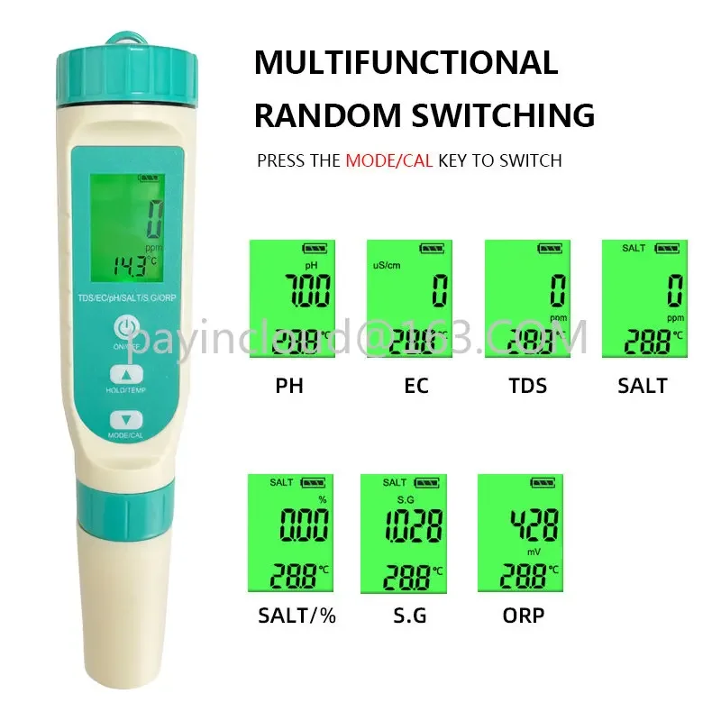 Hot selling 7 in 1 waterproof pen type ph meter TDS/EC/PH/Salinity/TEMP/ORP ph meter digital tester