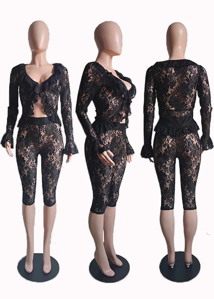 여성 봄 새로운 2025 솔리드 컬러 섹시한 패션 컷 아웃 레이스 탑과 반바지 정장을 통해 볼 여성 Loungewear 두 조각 세트