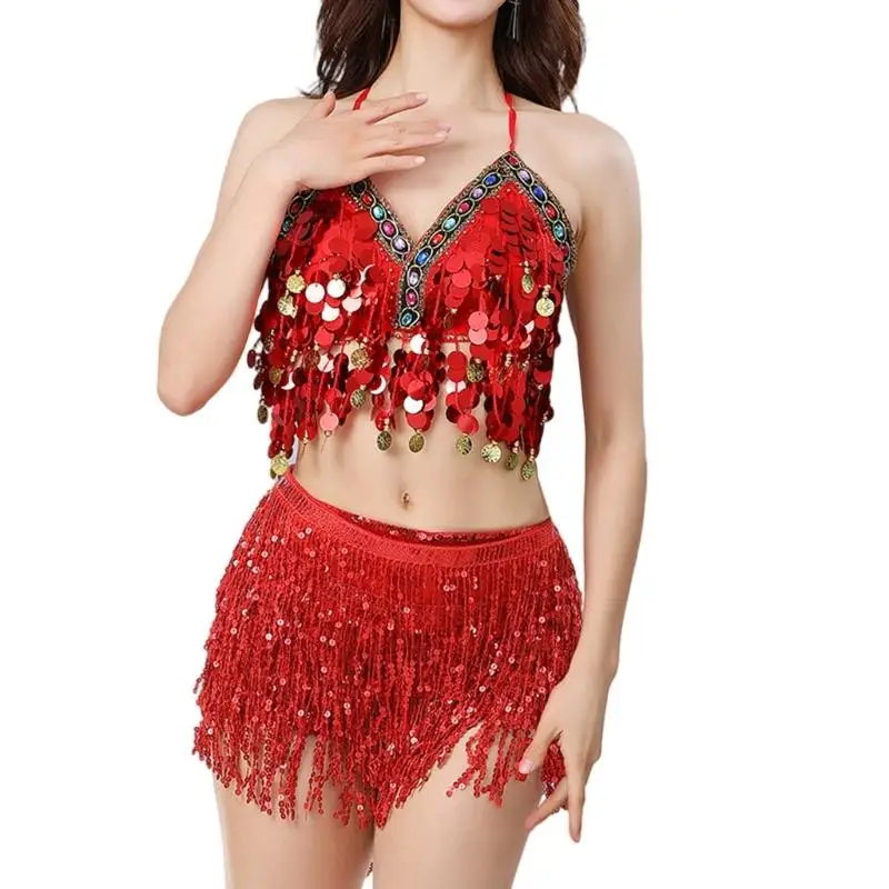 39BD Zweiteiliges Bauchtanz-Outfit für Damen, Pailletten-Fransen-Bauchtanzrock und Top-Set – Detail 9