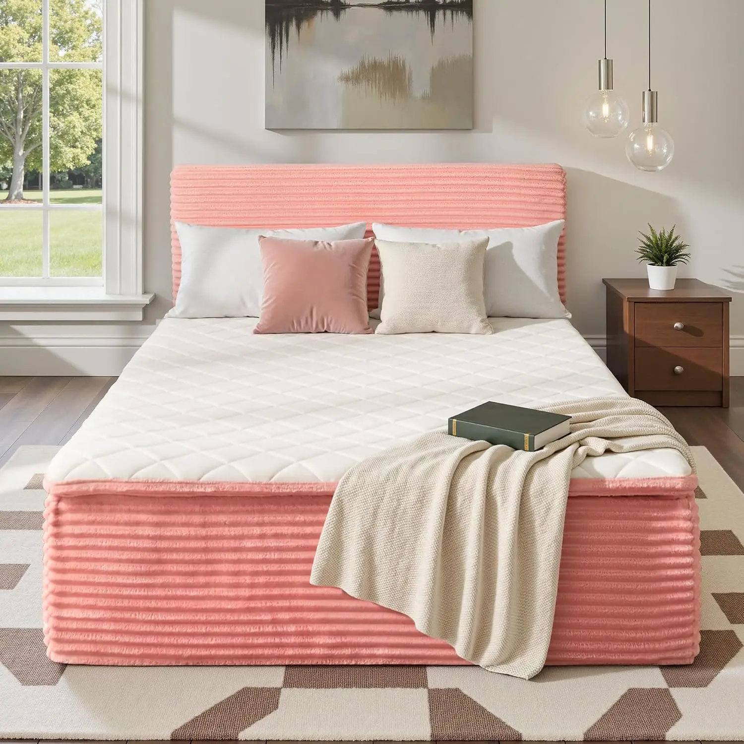 Full Boneless Bed Frame Mattress Headboard No Assembly Pink, Customized