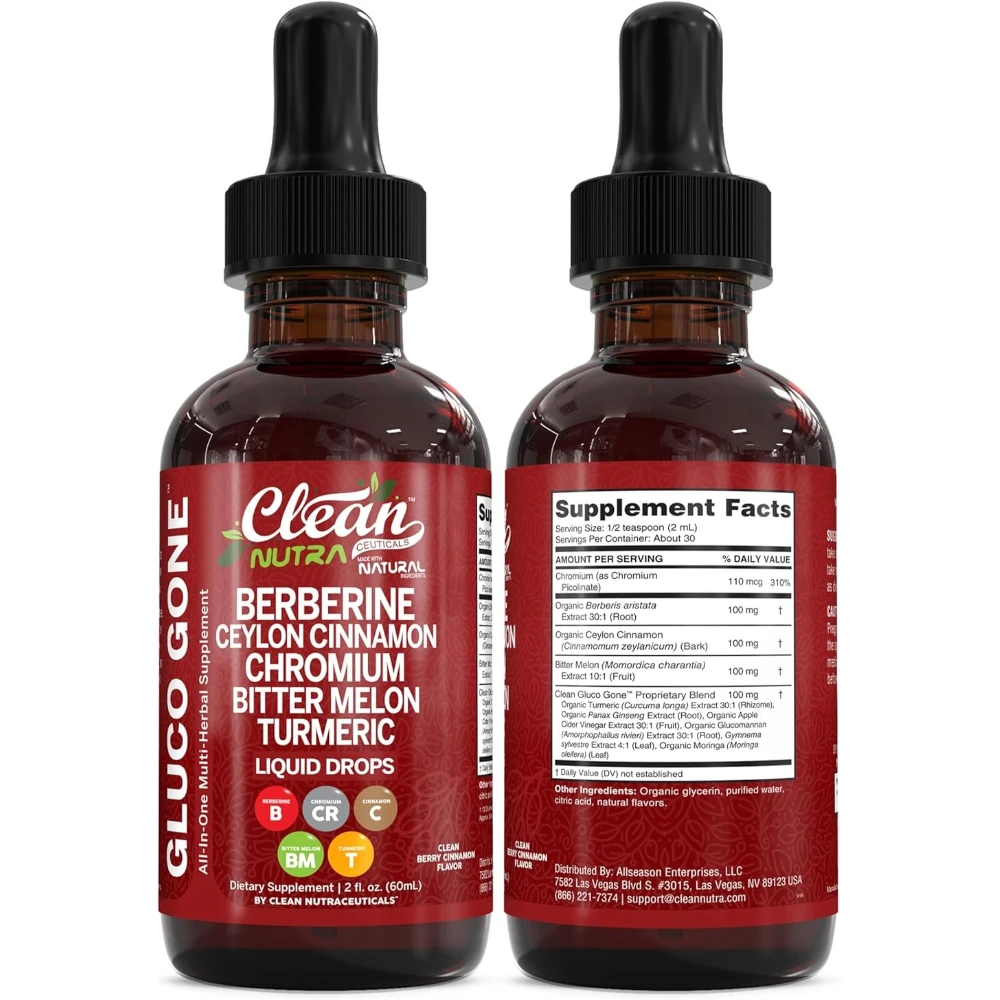 Berberina con suplemento de canela de Ceilán, gotas líquidas + extracto de melón amargo, glucomanano, gimnema, cromo, cúrcuma, orgánico