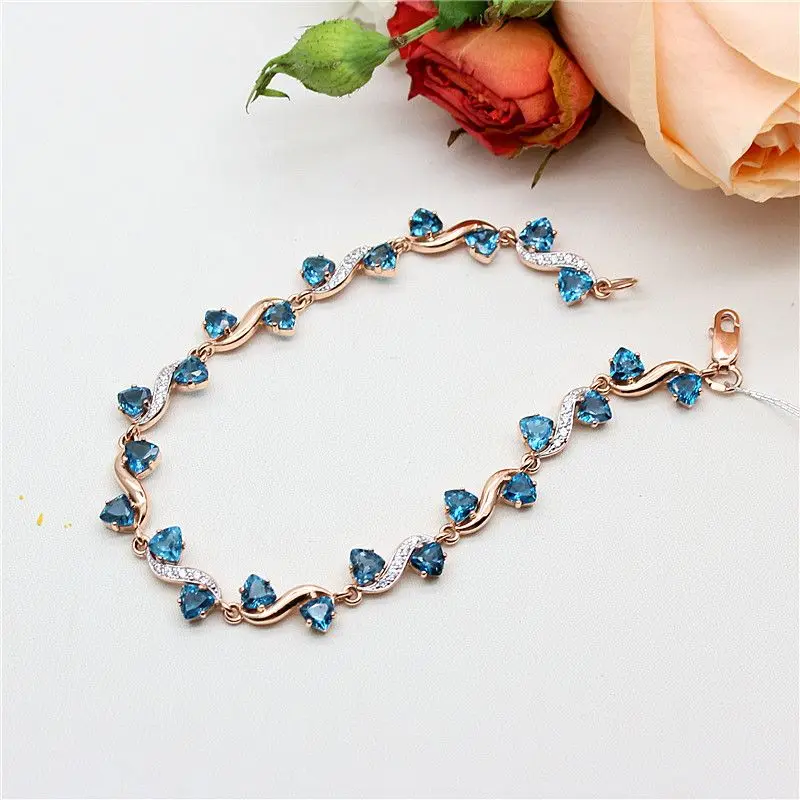 

585 Purple Gold inlay Diamond Triangle Blue Gem Bracelets for women Fashion Plated 14K Rose Gold winding bangles Wedding Jewelry