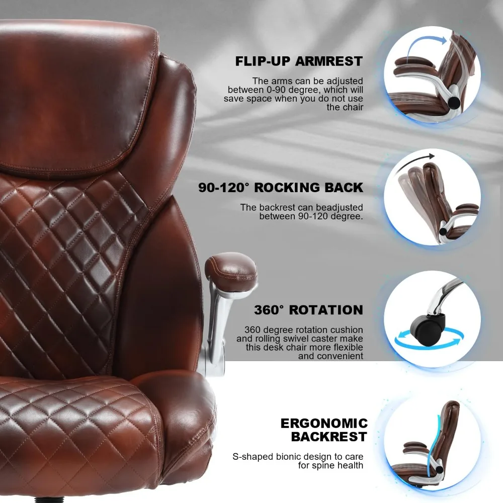 PU Leather High Back Office Desk Chairs with Wheels, Rocking Ergonomic Computer Desk Chairs with Flip up Arms and Lumbar Support