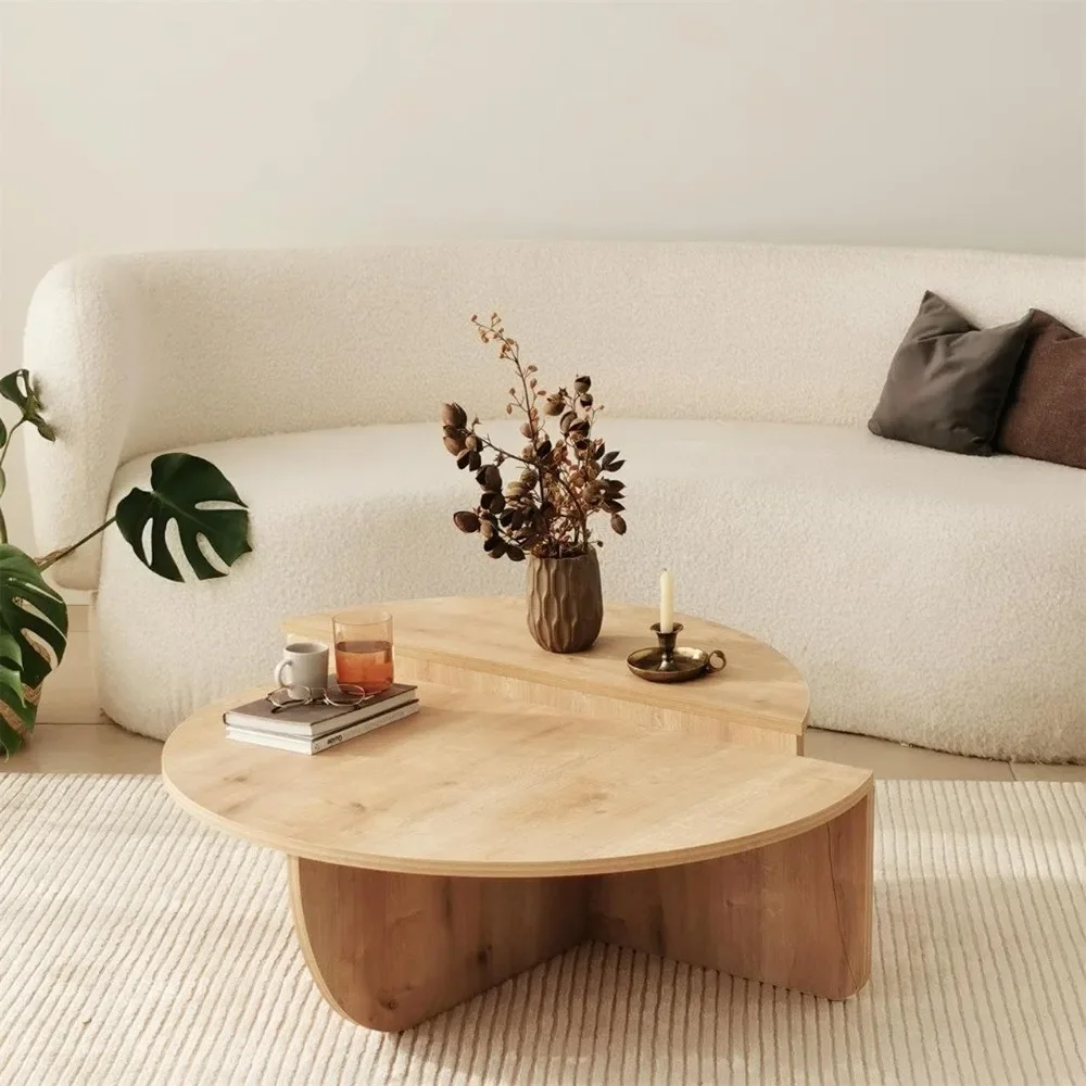 Modern wooden circular coffee table, particleboard wooden central table, unique nested coffee table