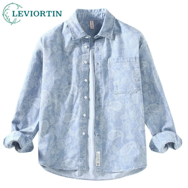 2025 Spring and Autumn Men's Denim Shirt Jacket Japanese Fresh and Casual Versatile Trendy Printed Design Collar Shirt Coat Top