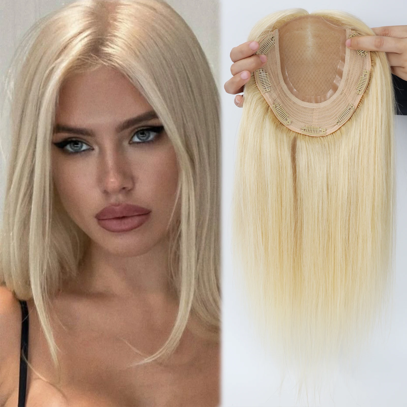 

7x7-дюймовый топпер на шелковой основе с зажимами, связанный вручную, настоящие человеческие волосы Remy для женщин, мягкие дышащие 613, светло-русый