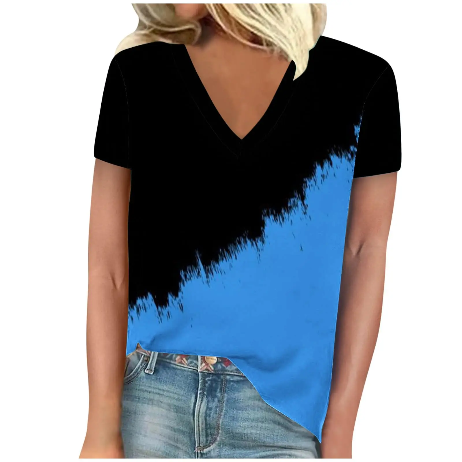 T-shirt women's summer casual elegant v-neck short sleeve simple gradient pattern top loose casual wear ladies T-shirt