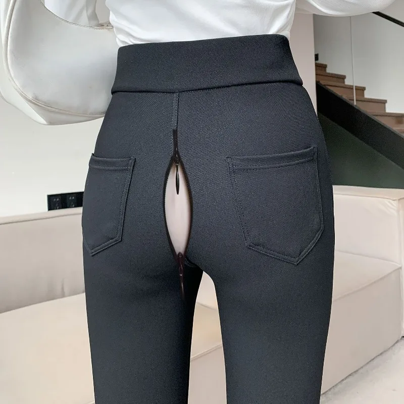 النساء مفتوحة المنشعب الحراري صوف مبطن السراويل سليم صالح الكاحل طماق الأسود اليوغا السراويل الدافئة الحرارية الشتاء الجوارب عالية