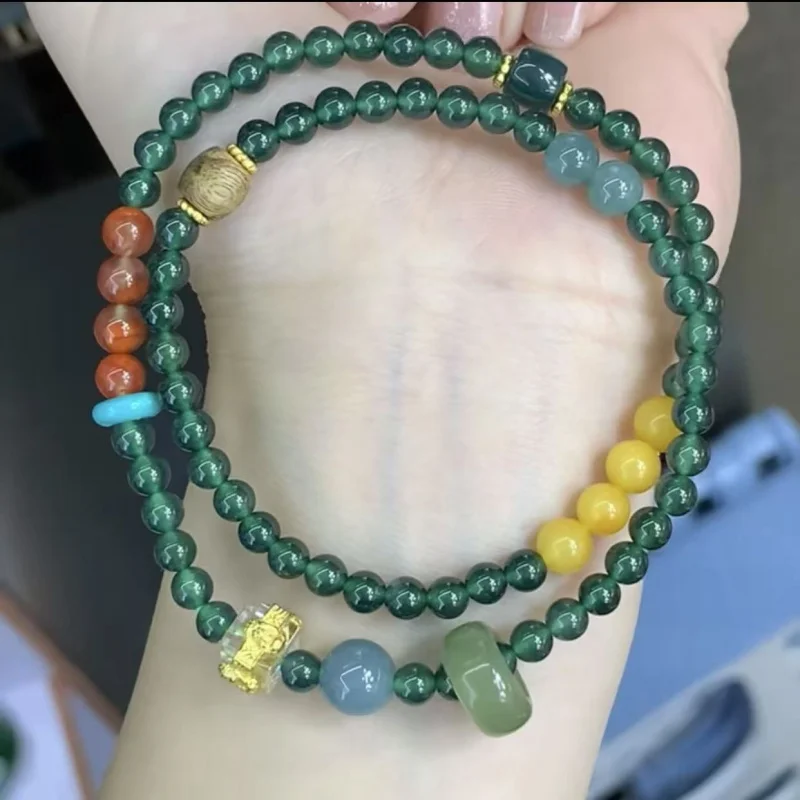 

Natural Jadeite A-Grade Design Double-Loop Bracelet with Beeswax and Red Agate
