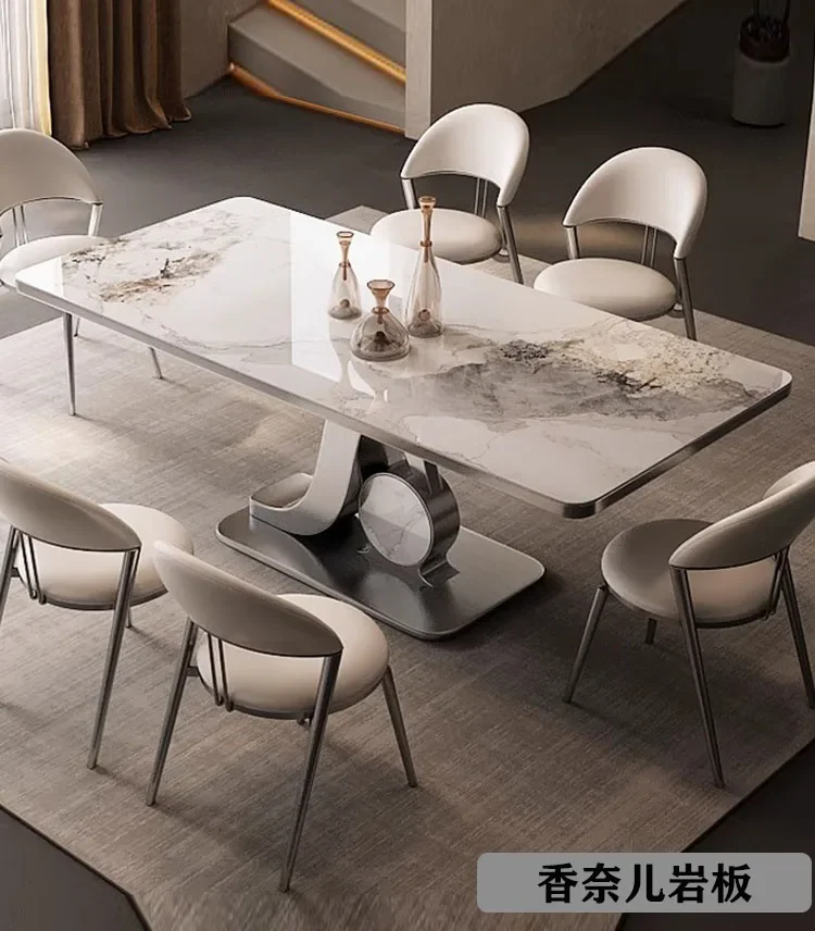 

Italian light luxury stainless steel rock slab dining table rectangular luxury stone minimalist small apartment