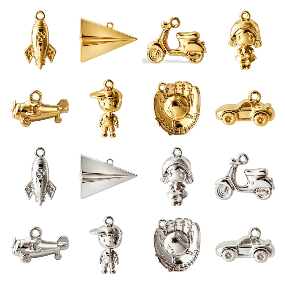 6pcs 3D Stainless Steel Sports Baseball Player Kids Charm Paper Airplane Motorcycle Pendant For Jewelry Making Keychain Bracelet