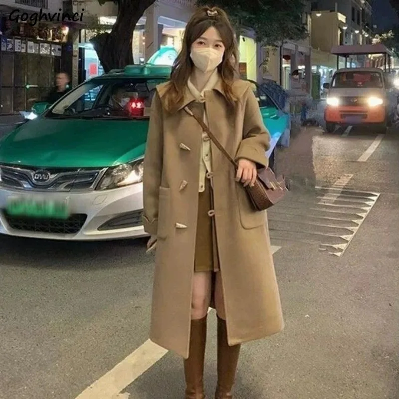 

Wool Blends Women Horn Buttons Pockets Solid Winter Windbreak Keep Warm Thickening Long Style Loose Streetwear Casual Coats Chic