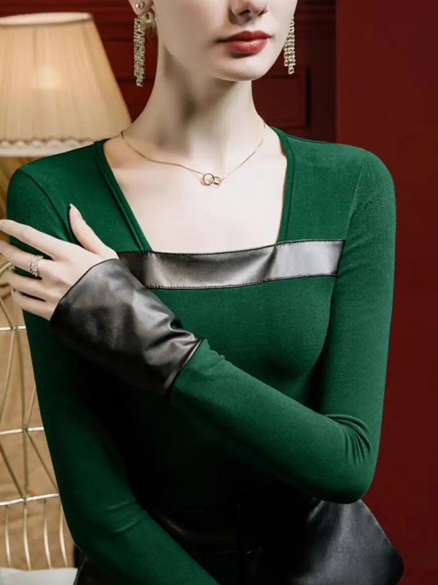 Frauen Mode Neue T-shirt Gepatcht PU Leder Quadrat Kragen Langarm T Shirt Frauen Schlank Stretch Bodenbildung Tops Tees damen