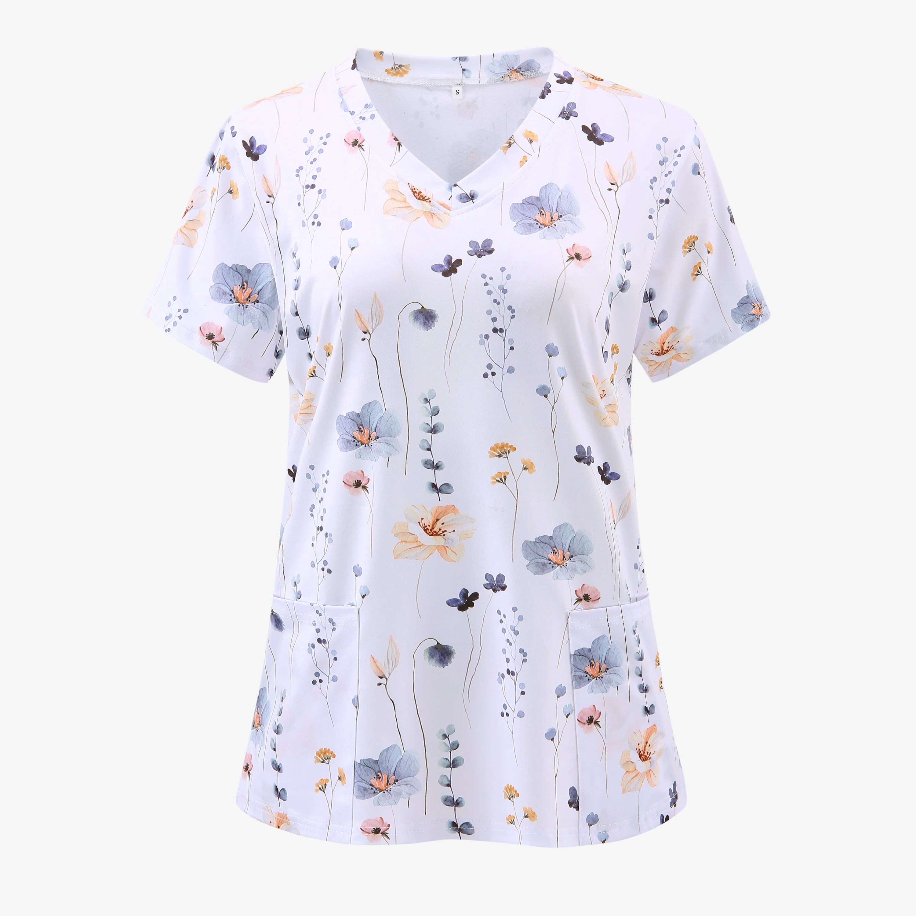 XUANSHOW Summer Women Uniform Flowers Printed Work Wear Pocket Front Short Sleeve V Neck Clothes